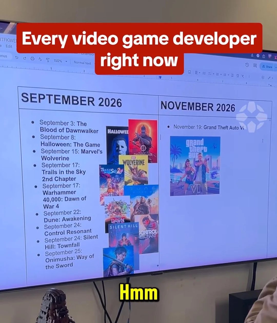 i Every video game developer right now 2 5 2026 NOVEMBER 2026 7 November 19: Grand Theft Auto September 8: Halloween: The Game OR September 15: Marvel's Wolverine September 17: a Trails in the Sky И S