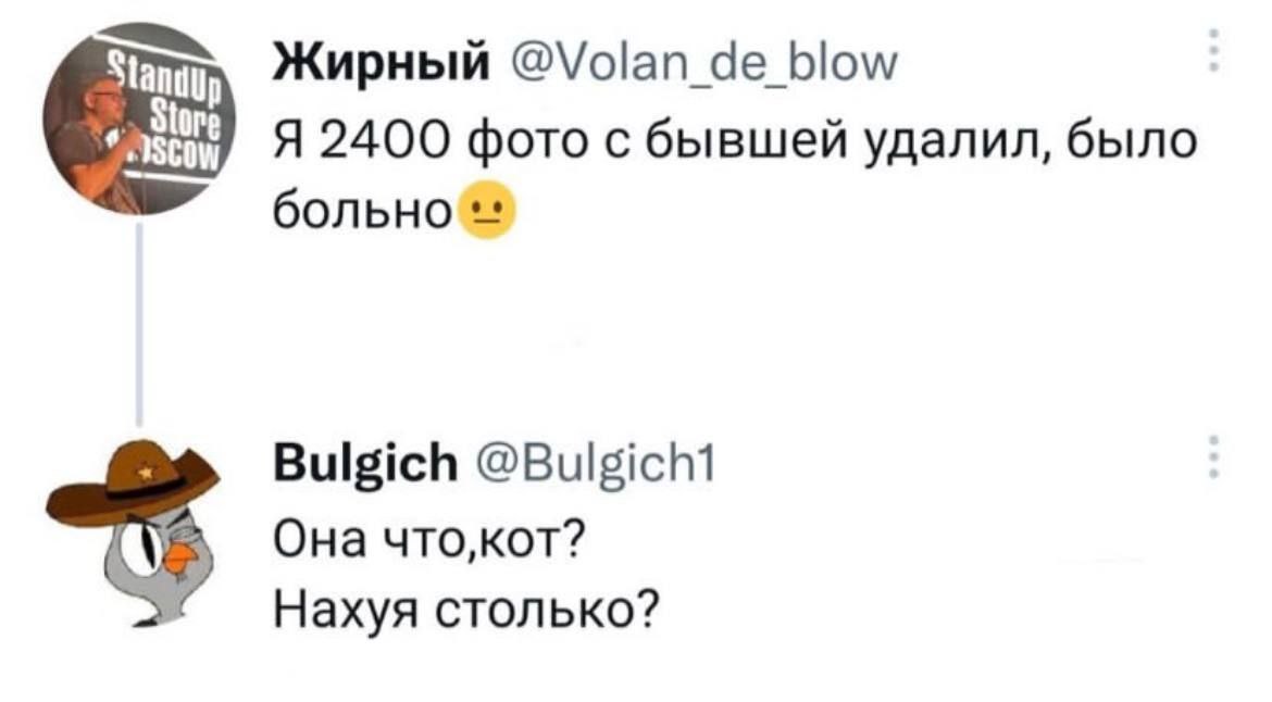 Жирный @Volan_de blow Я 2400 фото с бывшей удалил, было больно Bulgich Она чтокот? Нахуя столько?