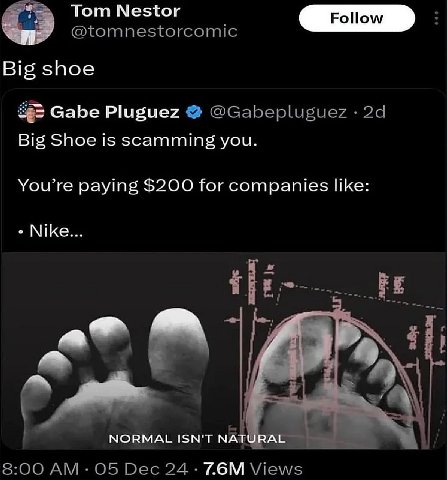 Tom Nestor @tomnestorcomic Big shoe Gabe Pluguez @Gabepluguez Big Shoe is scamming you. You’re paying $200 for companies like: Nike... >в NORMAL ISN'T NAT 8:00 05 Dec 24