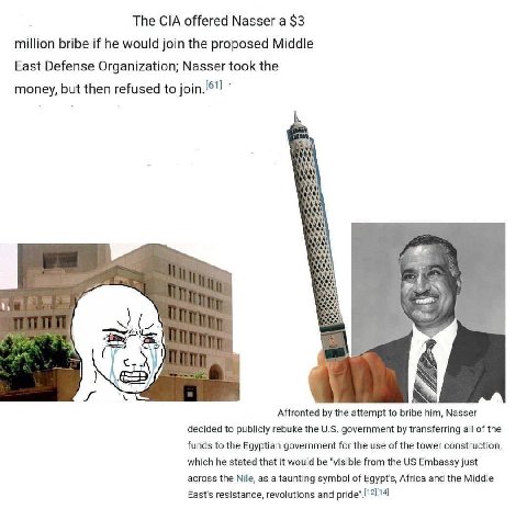The CIA offered Nasser а $3 million bribe if he would join the proposed Middle East Defense Organization; Nasser took the money, then to Affronted the attempt to bribe him, Nasser decided to publicly 