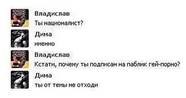Владислав Ты националист? Дима именно Владислав Кстати, почему ты подписан на паблик гей-порно? Дима ты темы не отходи