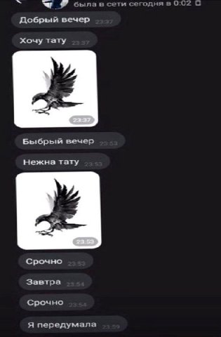 была в сети сегодня в 0:02 С Добрый вечер Хочу тату Быбрый вечер Нежна тату Срочно Завтра Срочно Я передумала