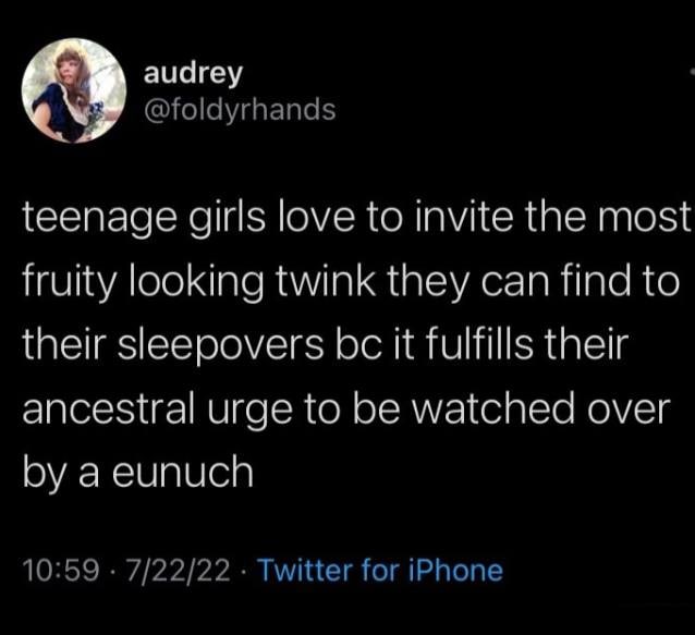 audrey @foldyrhands teenage girls love to invite the most fruity looking twink they can find to their sleepovers it fulfills their ancestral urge to be watched over a eunuch 10:59 7/22/22 Twitter for 