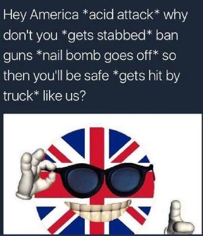 Hey America *acid attack* why don't you *gets stabbed* ban guns *nail bomb goes off* so then you'll be safe *gets hit truck* like