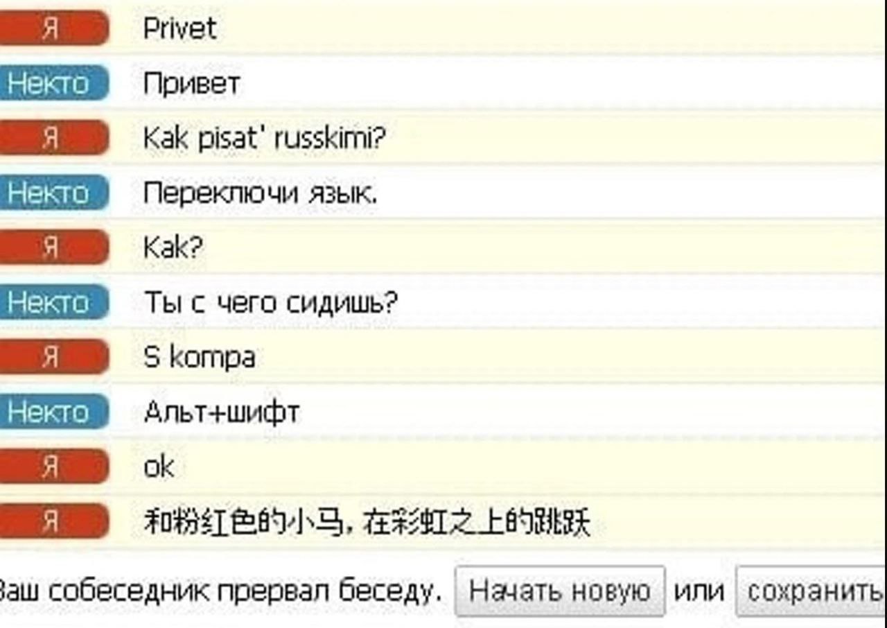 Privet Привет Kak pisat’ russkimi? Переключи язык, Kak? Ты с чего сидишь? 5 kompa Альт+шифт собеседник прервал беседу. Начать новую или сохранить