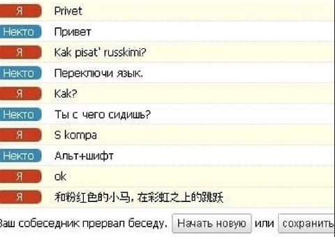 Privet Привет Kak pisat’ russkimi? Переключи язык, Kak? Ты с чего сидишь? 5 kompa Альт+шифт собеседник прервал беседу. Начать новую или сохранить