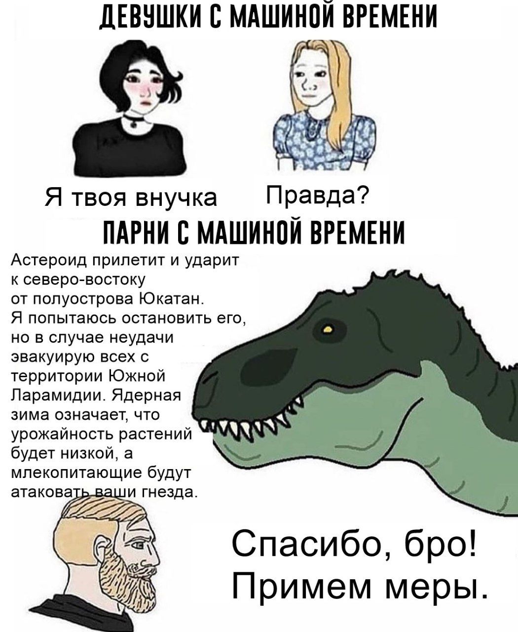 ДЕВУШКИ С МАШИНОЙ ВРЕМЕНИ 4 Я твоя внучка Правда? ПАРНИ С МАШИНОЙ ВРЕМЕНИ Астероид прилетит и ударит к северо-востоку от полуострова Юкатан. Я попытаюсь остановить его, но в случае неудачи эвакуирую в
