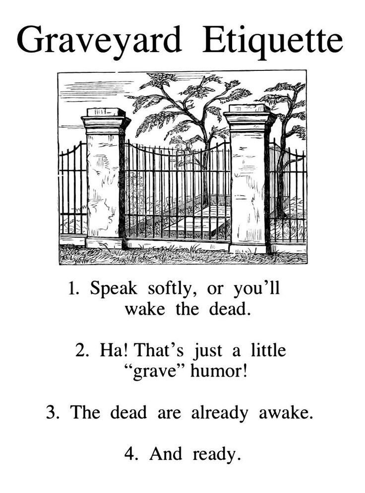 Graveyard Etiquette iil 1. Speak softly, or you’ll wake the dead. 2. That’s just a little “grave” humor! 3. The dead are already awake. 4. And ready.