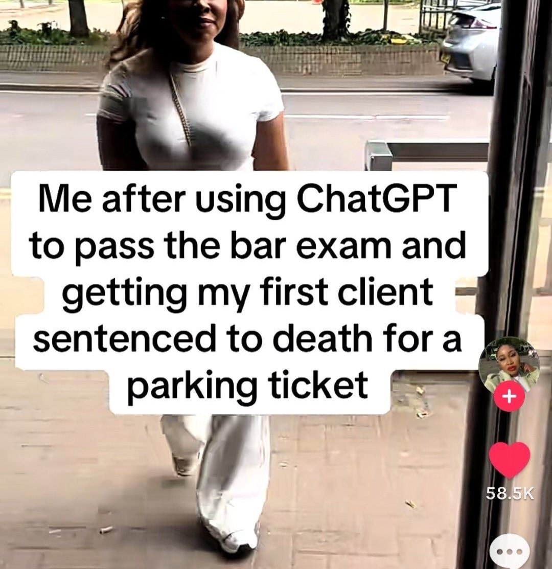 Me after using ChatGPT to pass the bar exam and getting my first client sentenced to death fora parking ticket 58