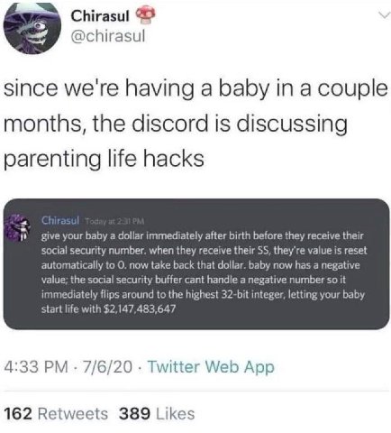 Chirasul @chirasul havi baby since we Naving а рабу In a months, the discord is discussing parenting life hacks give your baby a dollar immediately after birth before they receive their social securit