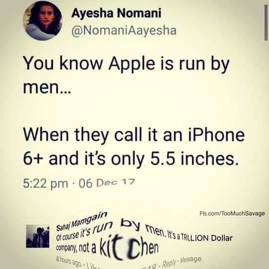 Ayesha Nomani @NomaniAayesha You know Apple is run mens. When they call it an iPhone 6+ and it’s only 5.5 inches. 5:22 06 Dee 17 a in Fb.com/TooMuchSavage и У Dollar not Dhe