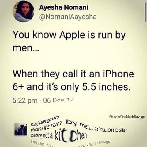 Ayesha Nomani @NomaniAayesha You know Apple is run mens. When they call it an iPhone 6+ and it’s only 5.5 inches. 5:22 06 Dee 17 a in Fb.com/TooMuchSavage и У Dollar not Dhe