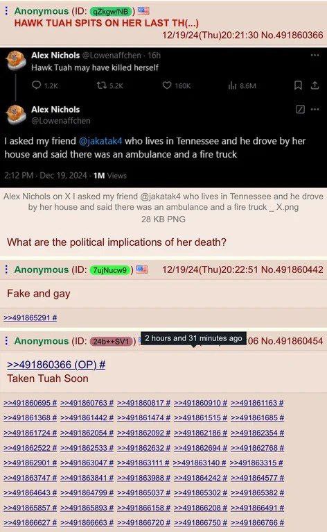 Anonymous HAWK ТУАН SPITS ON HER LAST 12/19/24(Thu)20:21:30 No.491860366 Alex Nichols Hawk Tuah may have killed herself Alex Nichols asked my friend @jakatak4 who lives in Tennessee and he drove her h