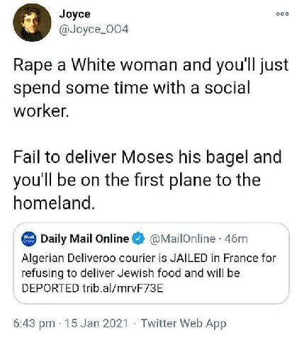 Joyce ооо @Joyce_004 Rape a White woman and youll just spend some time with a social worker. Fail to deliver Moses his bagel and you'll be on the first plane to the homeland. Daily Mail Online @MailOn