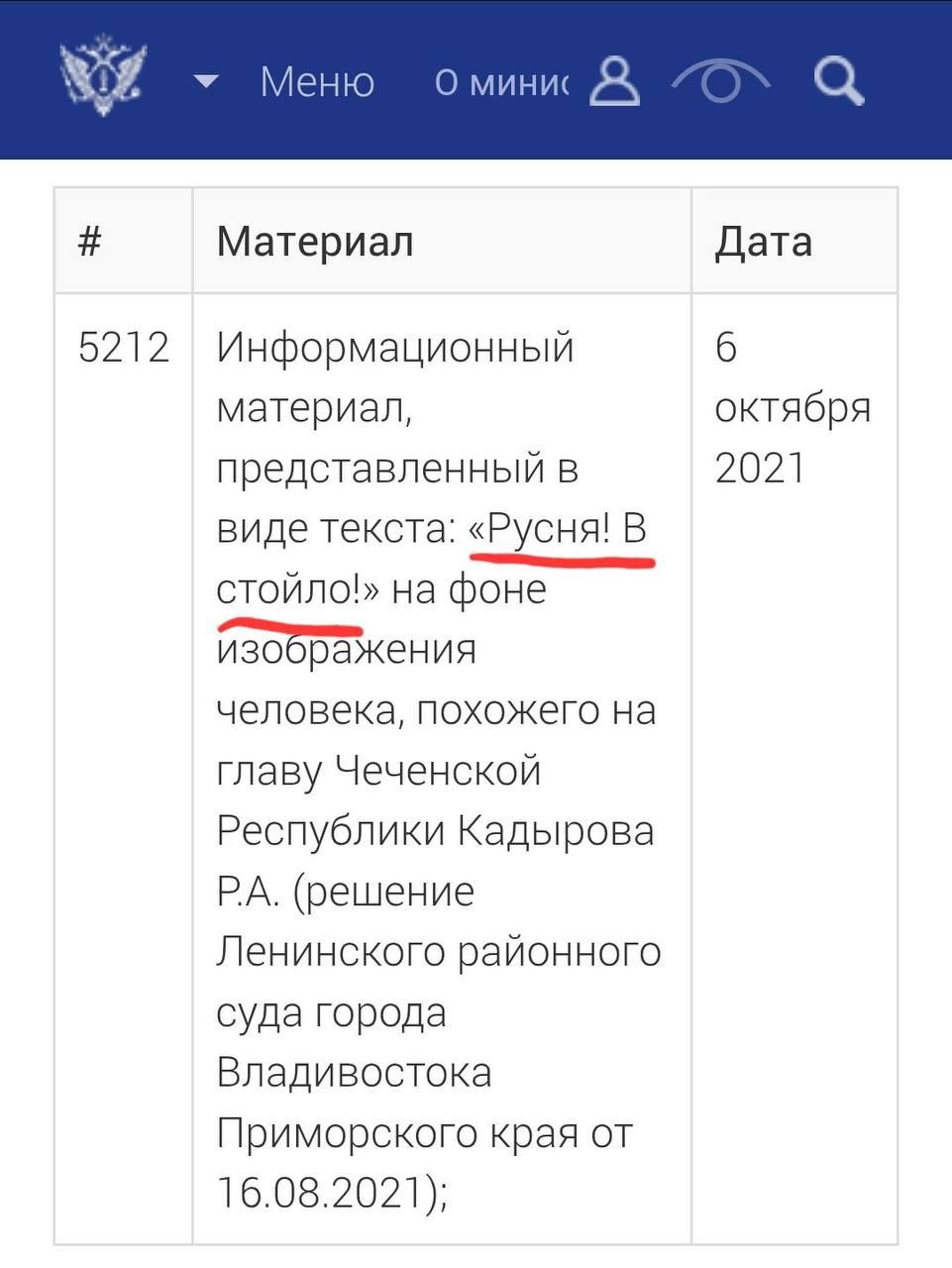 Меню О мини‹ А Материал Дата 521.2 Информационный 6 материал, октября представленный В 2021 виде текста: «Русня! В на фоне изображения человека, похожего на главу Чеченской Республики Кадырова (решени