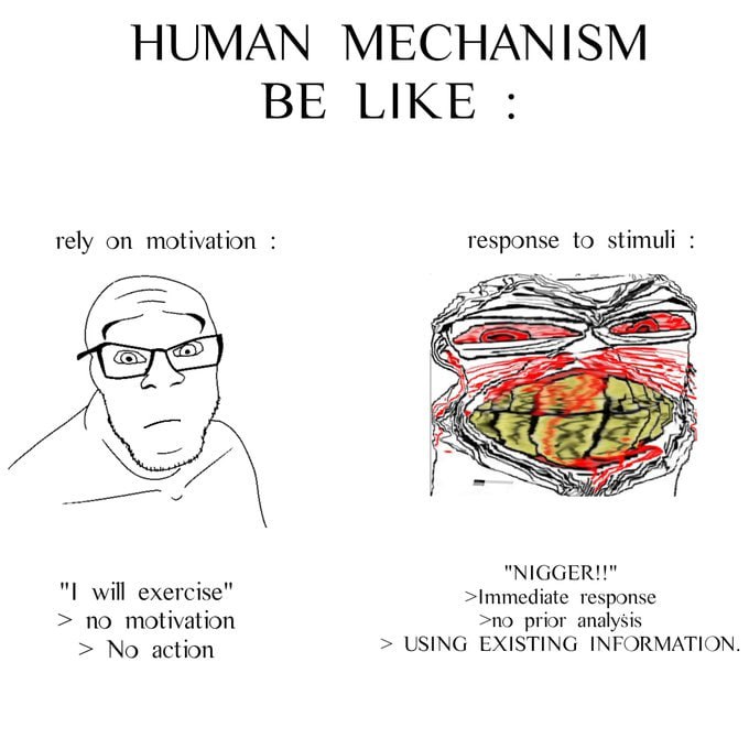 HUMAN MECHANISM BE LIKE rely on motivation response to stimuli will exercise" "NIGGER!!" no motivation >Immediate response No action USING EXISTING INFORMATION. >no prior analysis