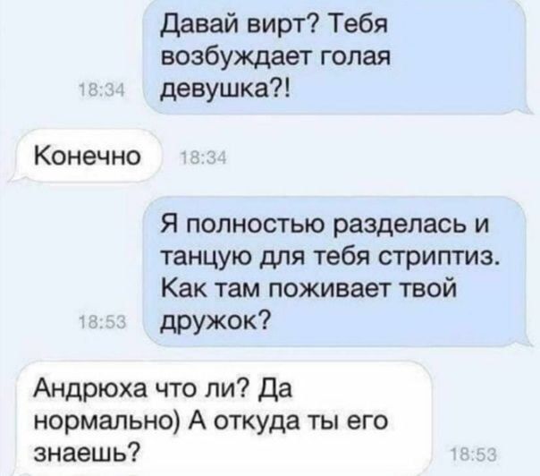 Давай вирт? Тебя возбуждает голая девушка?! Конечно Я полностью разделась и танцую для тебя стриптиз. Как там поживает твой дружок? Андрюха что ли? Да нормально) А откуда ты его знаешь?