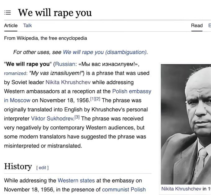 Wewill rape you Article Так Read From Wikipedia, the free encyclopedia For other uses, see We will rape you (disambiguation). "We will rape you" (Russian: «Мы вас изнасилуем!», romanized: "My vas izna