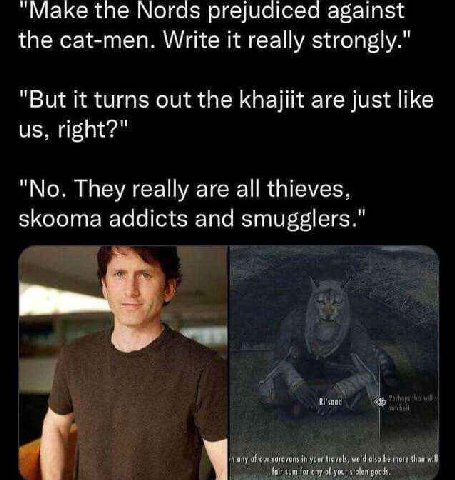 "Маке the Мога$ prejudiced against the cat-men. Write it really strongly." "But it turns out the khajlit are just like night?" "No. They really are all thieves, skooma addicts and smugglers."