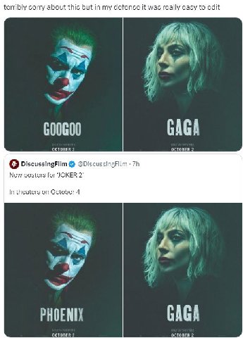 terribly sorry about this but in my defense it was really easy to edit tis OCTOBER 2 OCTOBER 2 о DiscussingFilm @DiscussingFilm New posters for JOKER 2° In theaters on October 4 у! OCTOBER 2 OCTOBER 2