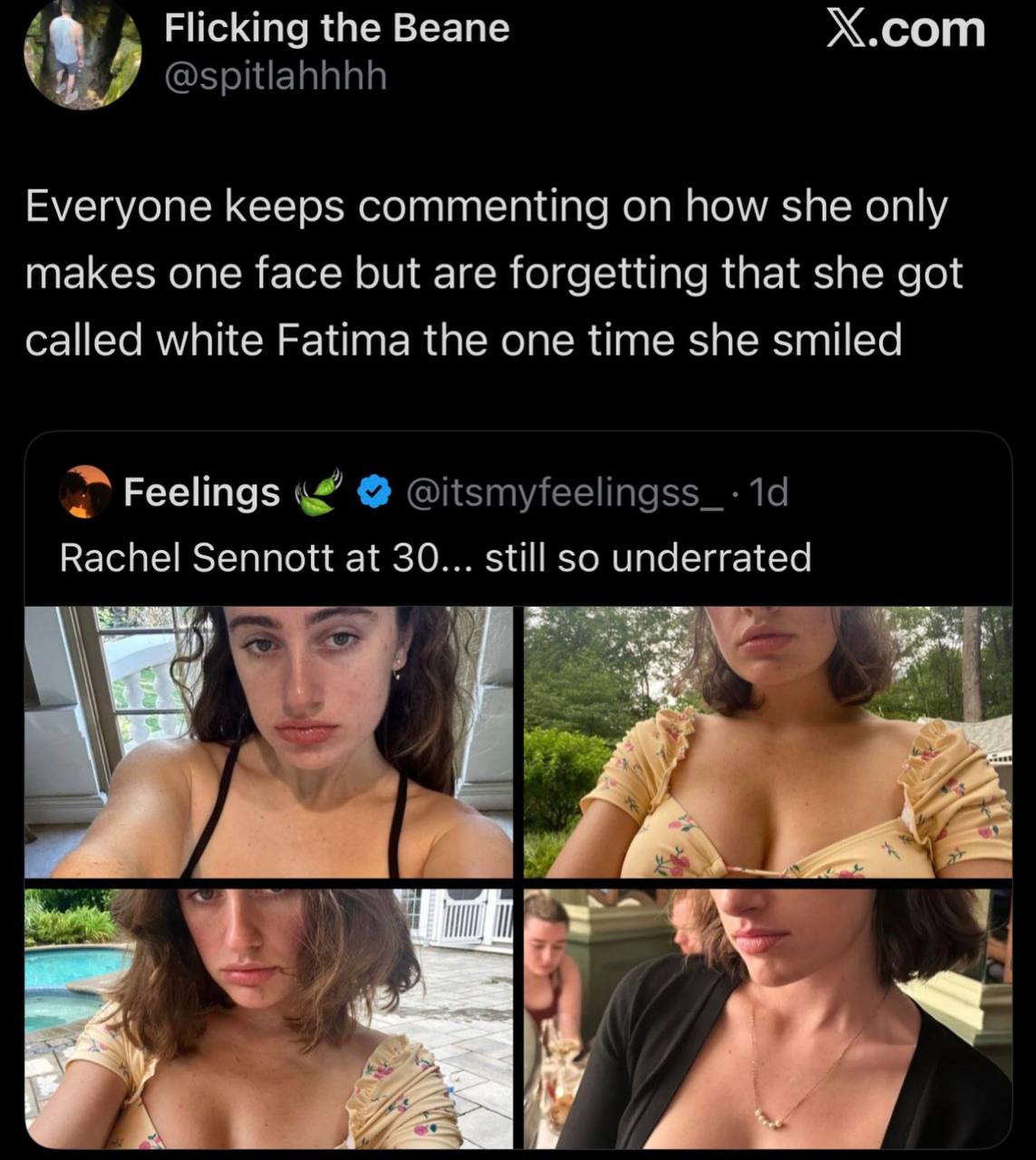Flicking the Beane Х.сот Everyone keeps commenting on how she only makes one face but are forgetting that she got called white Fatima the one time she smiled Feelings Rachel Sennott at 30... still so 