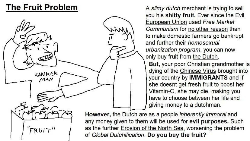 The Fruit Problem A slimy dutch merchant is trying to sell you his shitty fruit. Ever since the Evil European Union used Free Market Communism for no other reason than to make domestic farmers bankrup