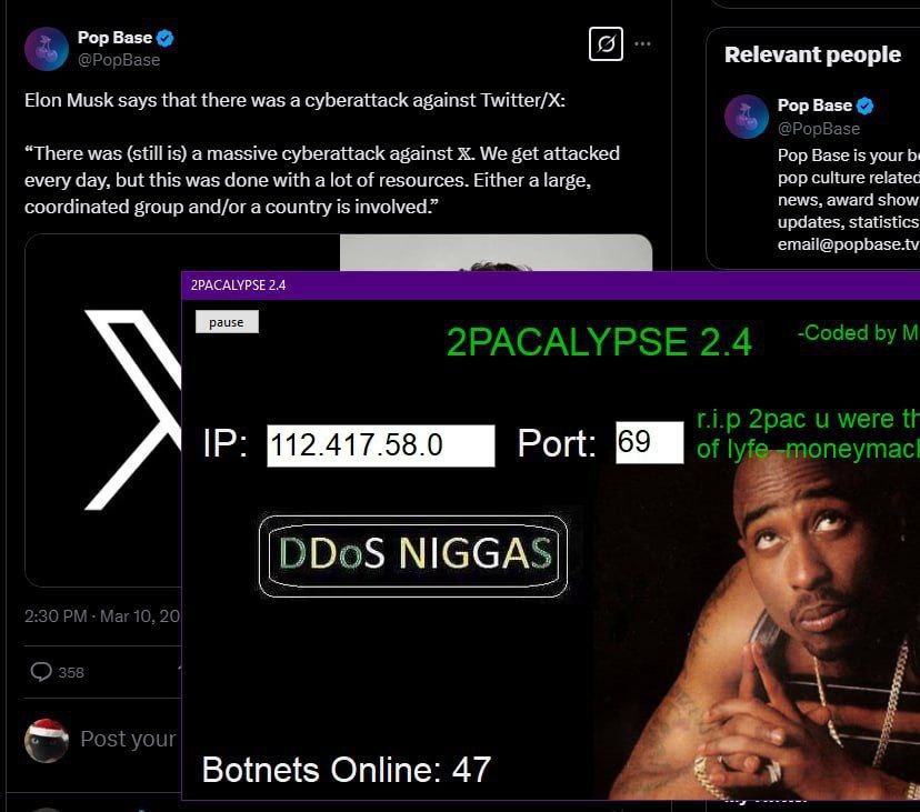 Рор Base @Pop Базе Relevant people Elon Musk says that there was a cyberattack against Pop Base @РорВазе “There was (still is) а massive cyberattack against We get attacked Pop Base is your pop cultur
