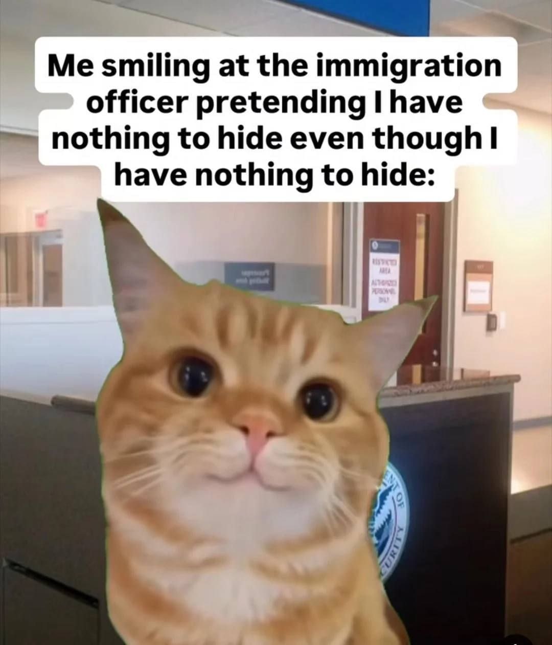 Me smiling at the immigration officer pretending I have nothing to hide even though have nothing to hide: у. С