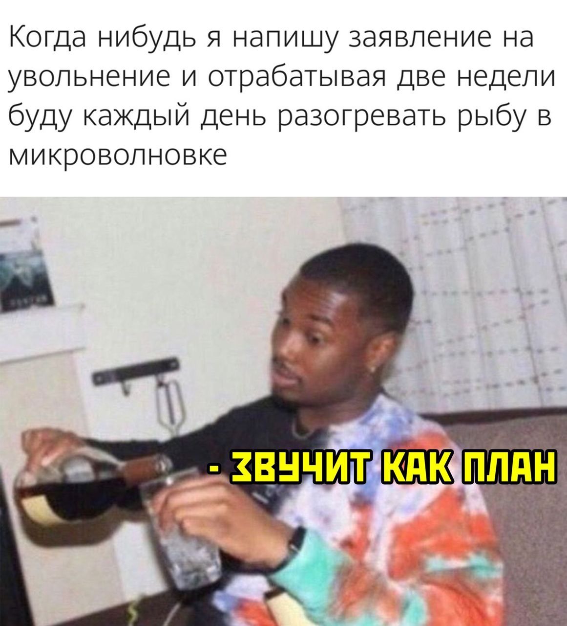 Когда нибудь я напишу заявление на увольнение и отрабатывая две недели буду каждый день разогревать рыбу в микроволновке ЗВУЧИТ