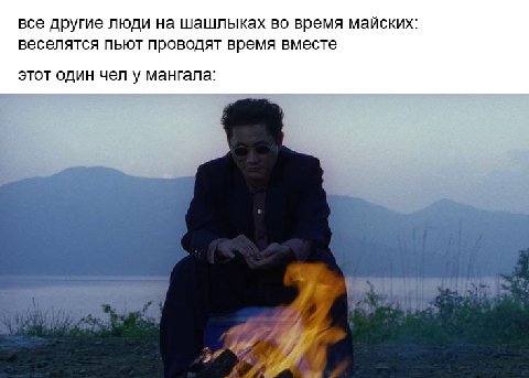 все другие люди на шашлыках во время майских: веселятся пьют проводят время вместе этот один чел у мангала: