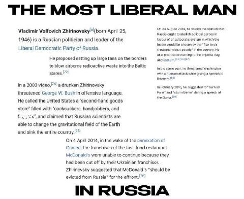THE MOST LIBERAL МАМ On 23 August 2014, he voiced the opinion that Viadimir Volfovich April 25, Russia ought to abolish political parties in 1946) is a Russian politician and leader of the favour of a