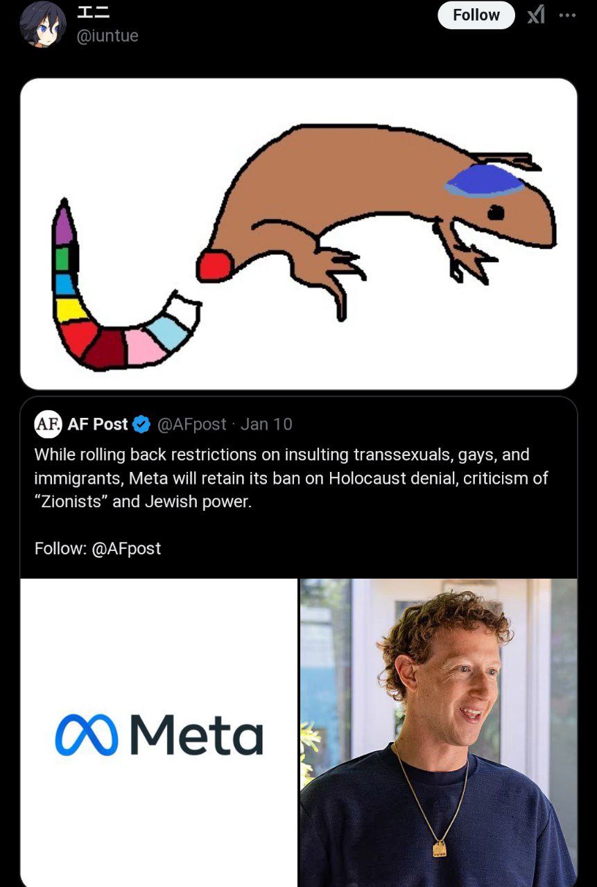 Post @AFpost Jan 1( While rolling back restrictions on insulting transsexuals, gays, and immigrants, Meta will retain its ban on Holocaust denial, criticism of “Zionists” and Jewish power. Follow: @AF