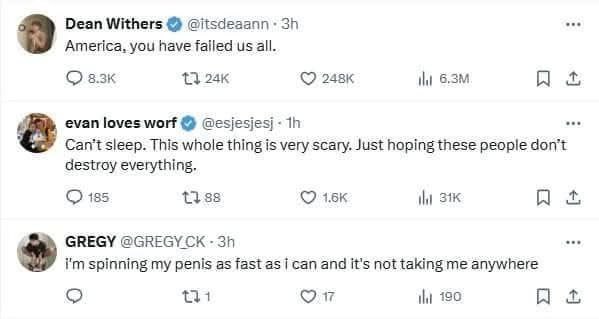 Dean Withers America, you have failed all. evan loves worf Can't sleep. This whole thing is very scary. Just hoping these people don't destroy everything. 185 1338 Ни GREGY @СВЕСУ spinning my penis as