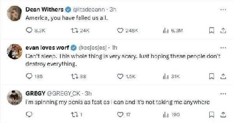 Dean Withers America, you have failed all. evan loves worf Can't sleep. This whole thing is very scary. Just hoping these people don't destroy everything. 185 1338 Ни GREGY @СВЕСУ spinning my penis as