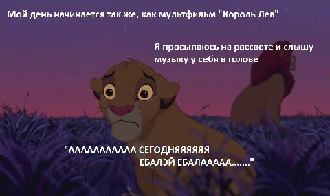 Мой день начинается так же, как мультфильм "Король Лев" Я просыпаюсь на рассвете и слышу музыку у себя в голове "ААААААААААА СЕГОДНЯЯЯЯЯЯ и ЕБАЛЭЙ ЕБАЛААААА