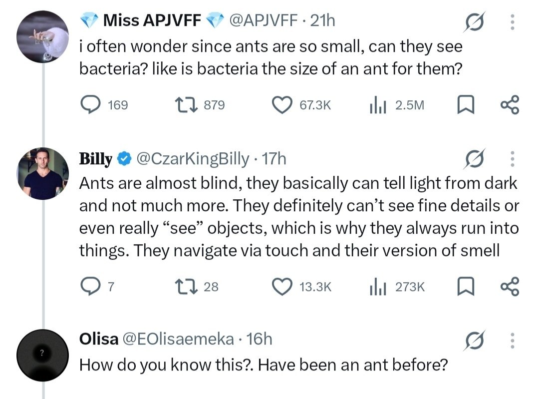 Miss APJVFF @APJVFF 218 (5 often wonder since ants are so small, can they see bacteria? like is bacteria the size of an ant for them? 169 879 Billy @CzarKingBilly Ants are almost blind, they basically