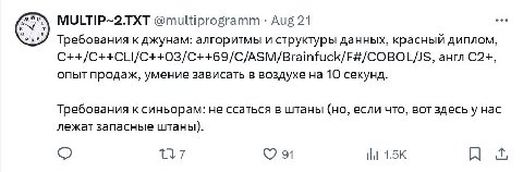 MULTIP~2.TXT @multiprogramm Aug 21 Требования к джунам: алгоритмы и структуры данных, красный диплом, C++/C++CLI/C++03/C++69/C/ASM/Brainfuck/F#/COBOL/JS, англ С2+, опыт продах, умение зависать в возду