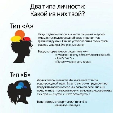 Дватипа личности: Какой из нихтвой? Люди с данным типом личности получаютэнергию путем питья водопроводной воды и трения глаз грязными руками. Они не устают от битья своих голов о дверь машины, Это оч