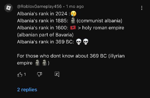 Albania's rank in 2024 Albania's rank 1885: (communist albania) Albania's rank in 1600: holy roman empire (albanian part of Bavaria) Albania's rank in 369 For those who dont know about 369 (illyrian е