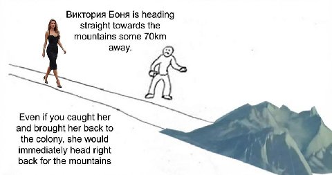 Виктория Боня is heading straight towards the mountains some away. Even if you caught her and brought her back to the colony, she would immediately head right back for the mountains