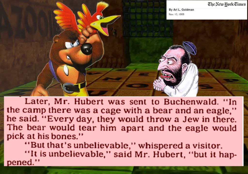 Ehe New York Cimes Nov. 10, 1988 4 7 Later, Hubert was sent to Buchenwald. the camp there was a cage with a bear and an he said. ‘‘Every day, they would throw a Jew in there. The bear would tear him a
