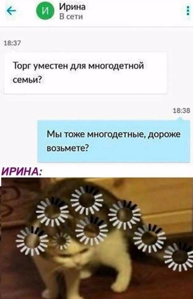 Ирина В сети 18:37 Торг уместен для многодетной семьи? 18:38 Мы тоже многодетные, дороже возьмете? ИРИНА: A 7 7