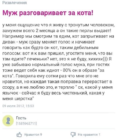 Развлечения Муж разговаривает за кота! у меня ощущение что я живу с тронутым человеком, замужем всего 2 месяца а он такие перлы выдает! Например мы смотрим едим, кот запрыгивает на диван муж сразу мен
