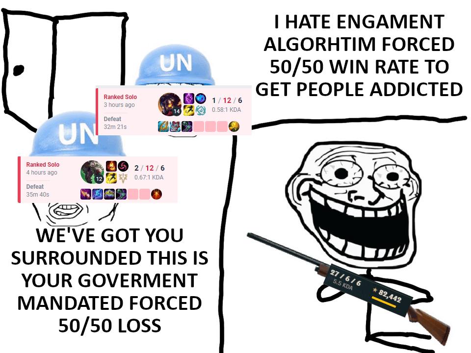 НАТЕ ЕМСАМЕМТ ALGORHTIM FORCED 50/50 WIN RATE ТО GET PEOPLE ADDICTED 3 hours Kon Ranked Solo 4 WE'VE GOT YOU SURROUNDED THIS IS YOUR GOVERMENT MANDATED FORCED 50/50 LOSS