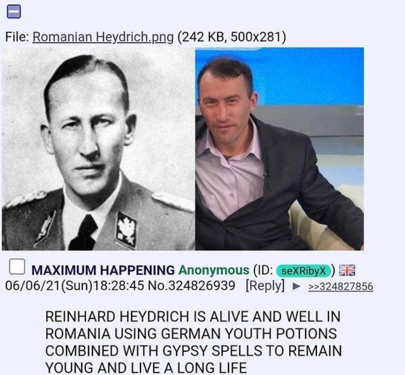 File: Romanian Heydrich.png (242 A MAXIMUM HAPPENING Anonymous (10: SiS 06/06/21(Sun)18:28:45 No.324826939 [Reply] >>324827856 REINHARD HEYDRICH IS ALIVE AND WELL IN ROMANIA USING GERMAN YOUTH POTIONS