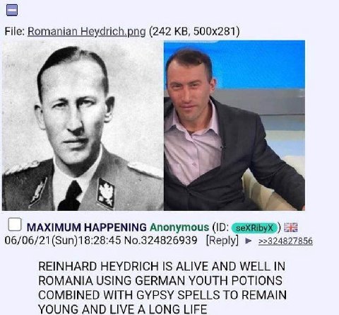 File: Romanian Heydrich.png (242 A MAXIMUM HAPPENING Anonymous (10: SiS 06/06/21(Sun)18:28:45 No.324826939 [Reply] >>324827856 REINHARD HEYDRICH IS ALIVE AND WELL IN ROMANIA USING GERMAN YOUTH POTIONS