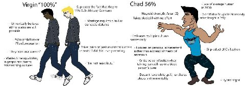 Chad 56% -Расе of average human Virgin “100%” Supresses the fact that they're in 2400 15% Sub-African/ Germanic Negroid strength, Aryan Grandfather fought in Normandy, Takes blackpill with no effort o