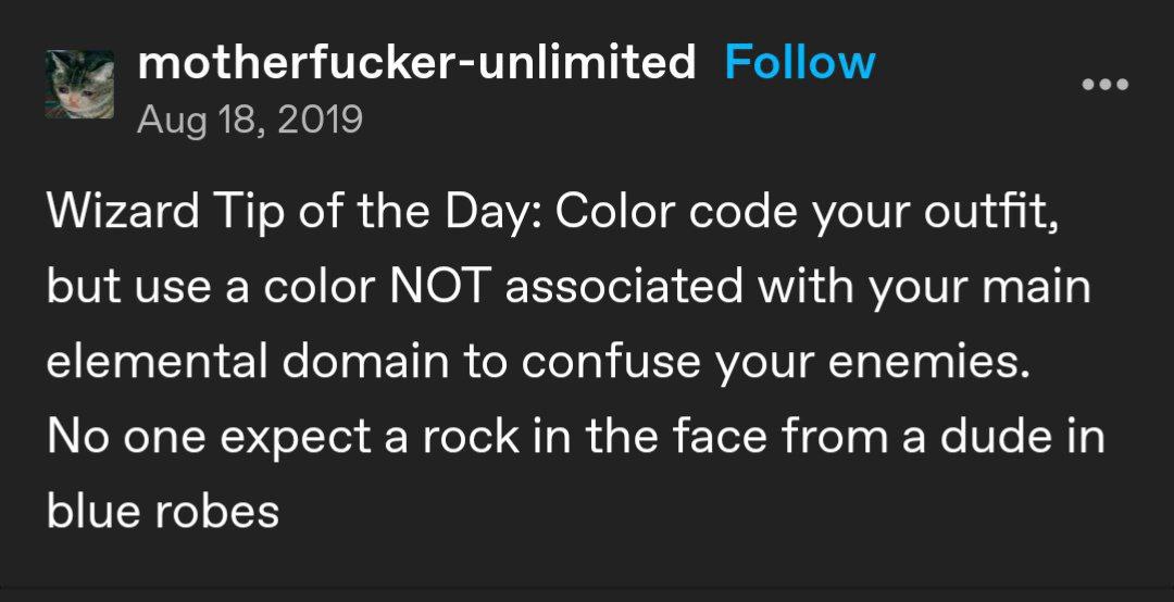motherfucker-unlimited Aug 18, 2019 Wizard Tip of the Day: Color code your outfit, but use a color NOT associated with your main elemental domain to confuse your enemies. No one expect a rock in the f