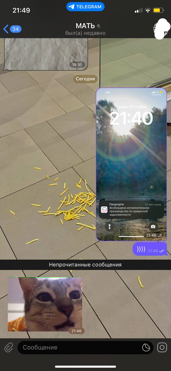 21:49 of a) МАТЬ был(а) недавно Госуслуги 32 мин назад Возбуждено исполнительное производство по кредитной задолженности 45 нные сообщения Сообщение
