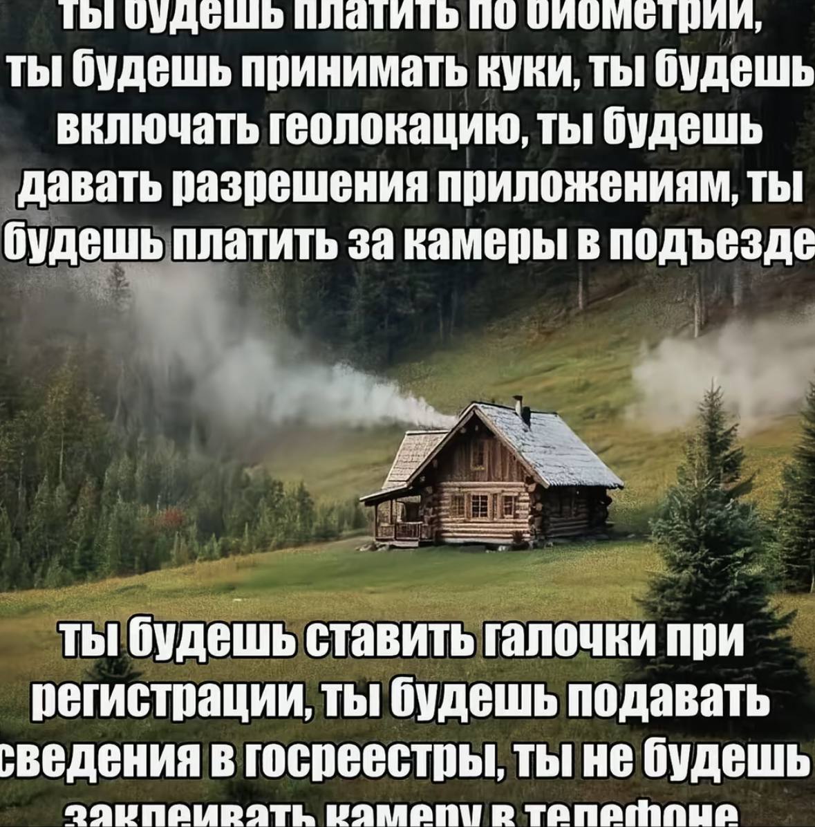 платить по ты будешь принимать куки, ты будешь включать геолокацию, ты будешь давать разрешения приложениям, ты будешь платить за камеры в подъезде ты будешь ставить галочки при регистрации, ты будешь